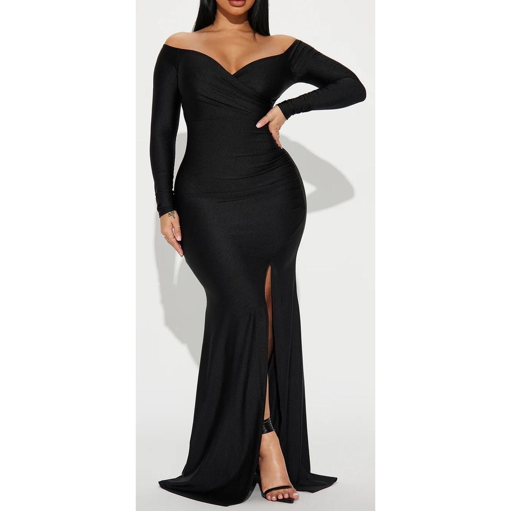 Fashion Nova Women's Surplice Neckline Kellie Tricot‎ Gown - Black - Medium